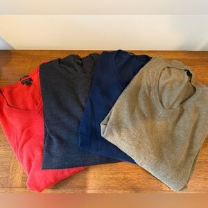 Lot of Four J Crew V-Neck Sweaters in Red, slate Gray, Blue, and Olive